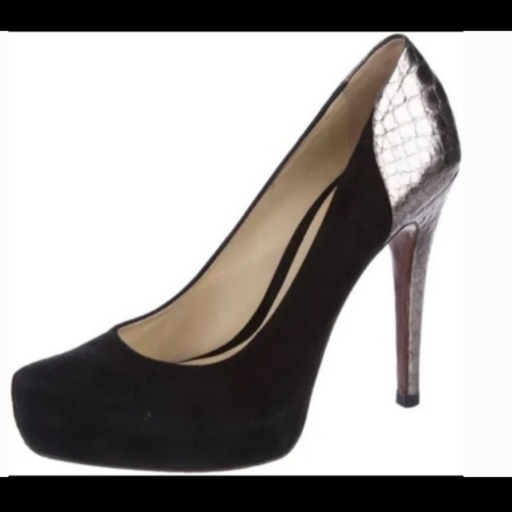 Alexandre Birman Black Suede & Gunmetal Python Pumps